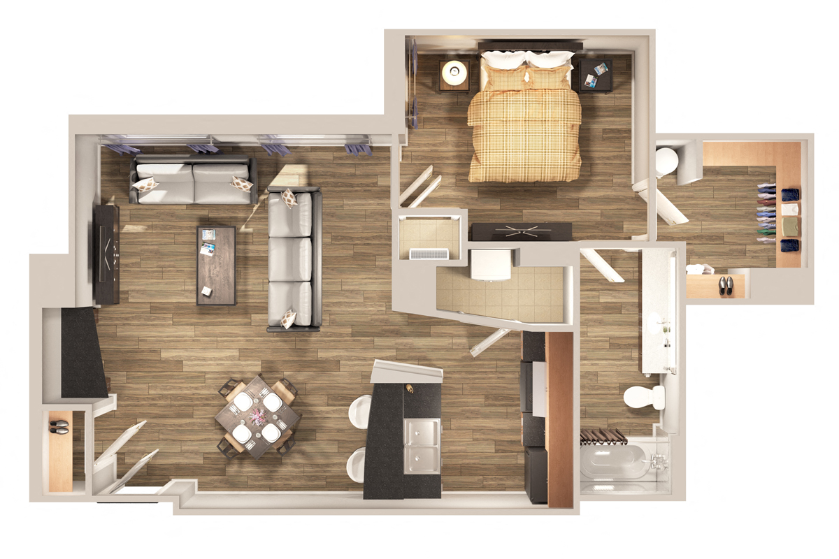 Floor plan for 1 bed, 1 bath, 829 sqft